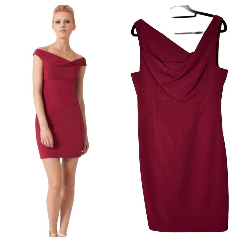 Black Halo Dress Jackie O Maroon Red Mini Sleeveless Draped Off Shoulder M 8